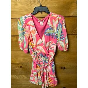 Flying Tomato Pink Tropical Floral Wrap Romper Short Sleeve Tie Waist Cottage